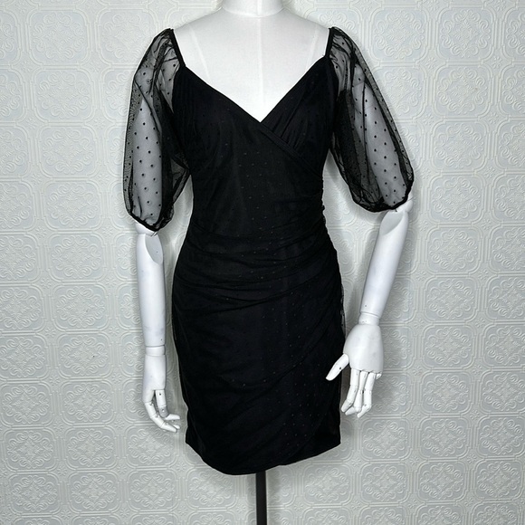 ASOS DESIGN | Dobby Mesh, Puffy Sleeve, Faux Wrap, Dress in Black - Picture 2 of 13